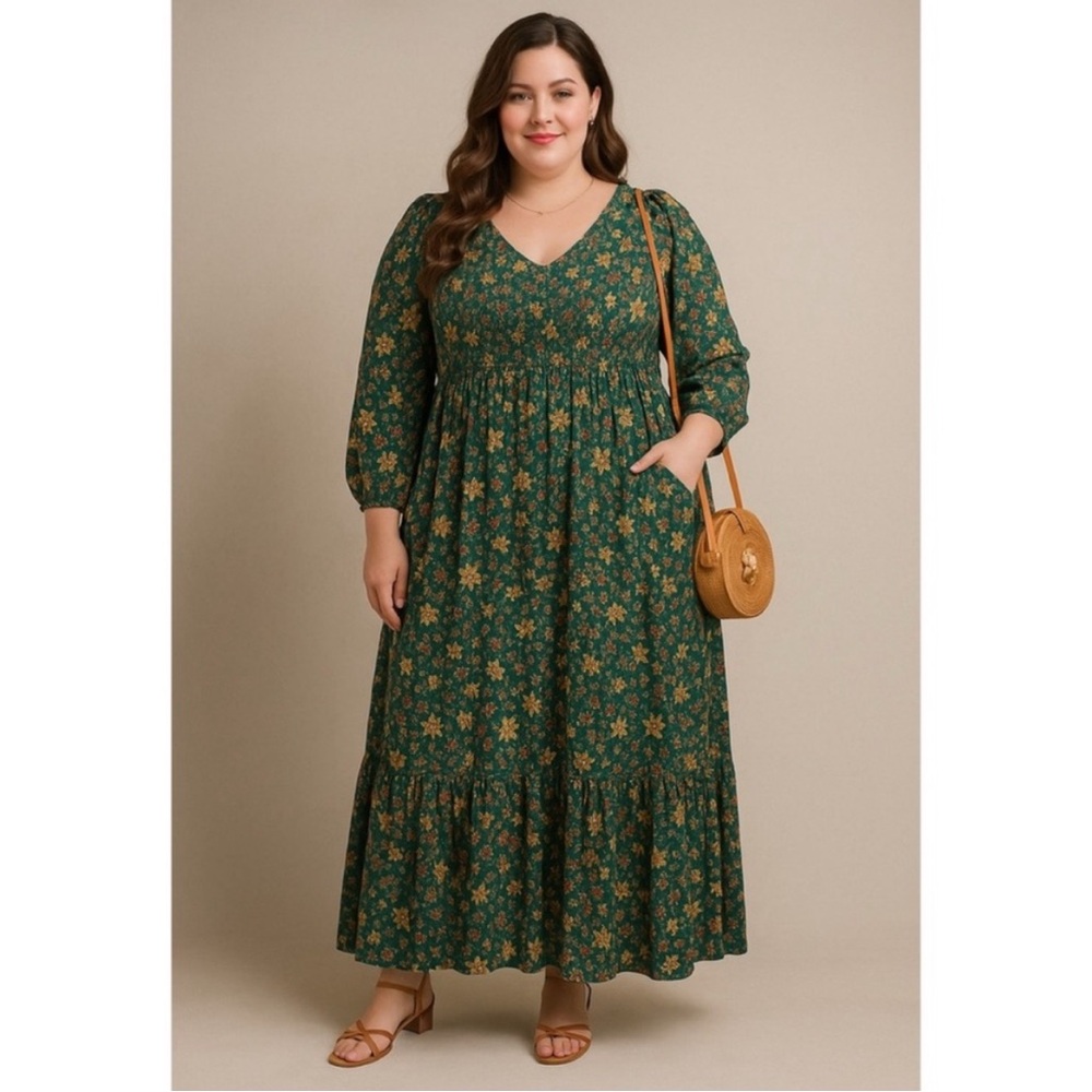 Torrid Dress Women 1X Green Floral Smocked Bodice Boho
Cottagecore Peasant Midi